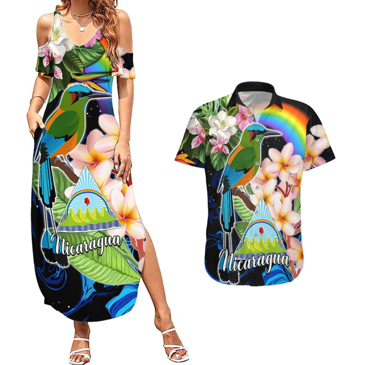Nicaragua Couples Matching Summer Maxi Dress and Hawaiian Shirt Guardabarranco and Beauty Sacuanjoche Sprit LT9 - Wonder Print Shop