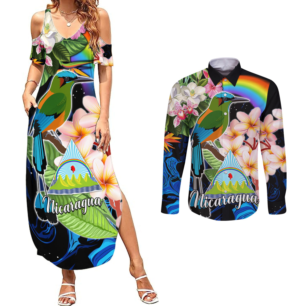 Nicaragua Couples Matching Summer Maxi Dress and Long Sleeve Button Shirts Guardabarranco and Beauty Sacuanjoche Sprit LT9 - Wonder Print Shop