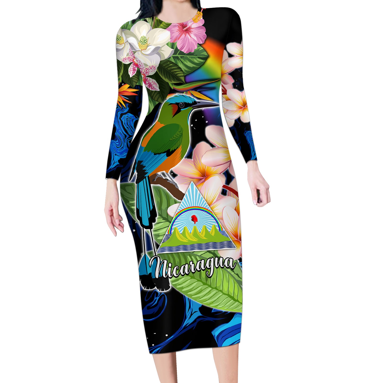 Nicaragua Long Sleeve Bodycon Dress Guardabarranco and Beauty Sacuanjoche Sprit - Wonder Print Shop