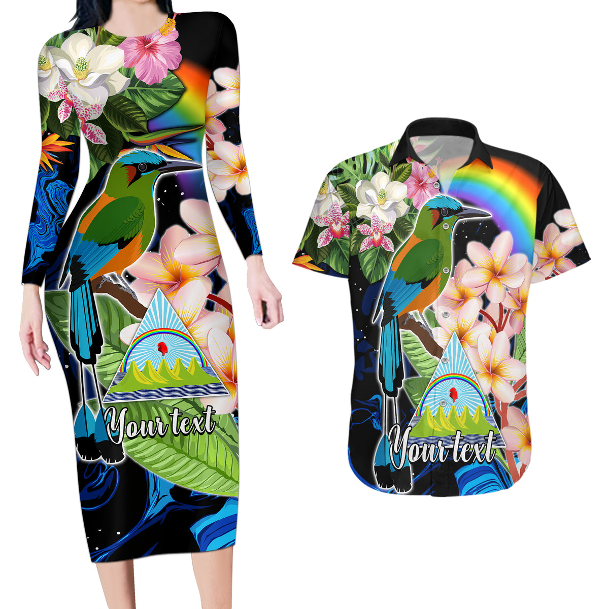 Personalised Nicaragua Couples Matching Long Sleeve Bodycon Dress and Hawaiian Shirt Guardabarranco and Beauty Sacuanjoche Sprit LT9 - Wonder Print Shop