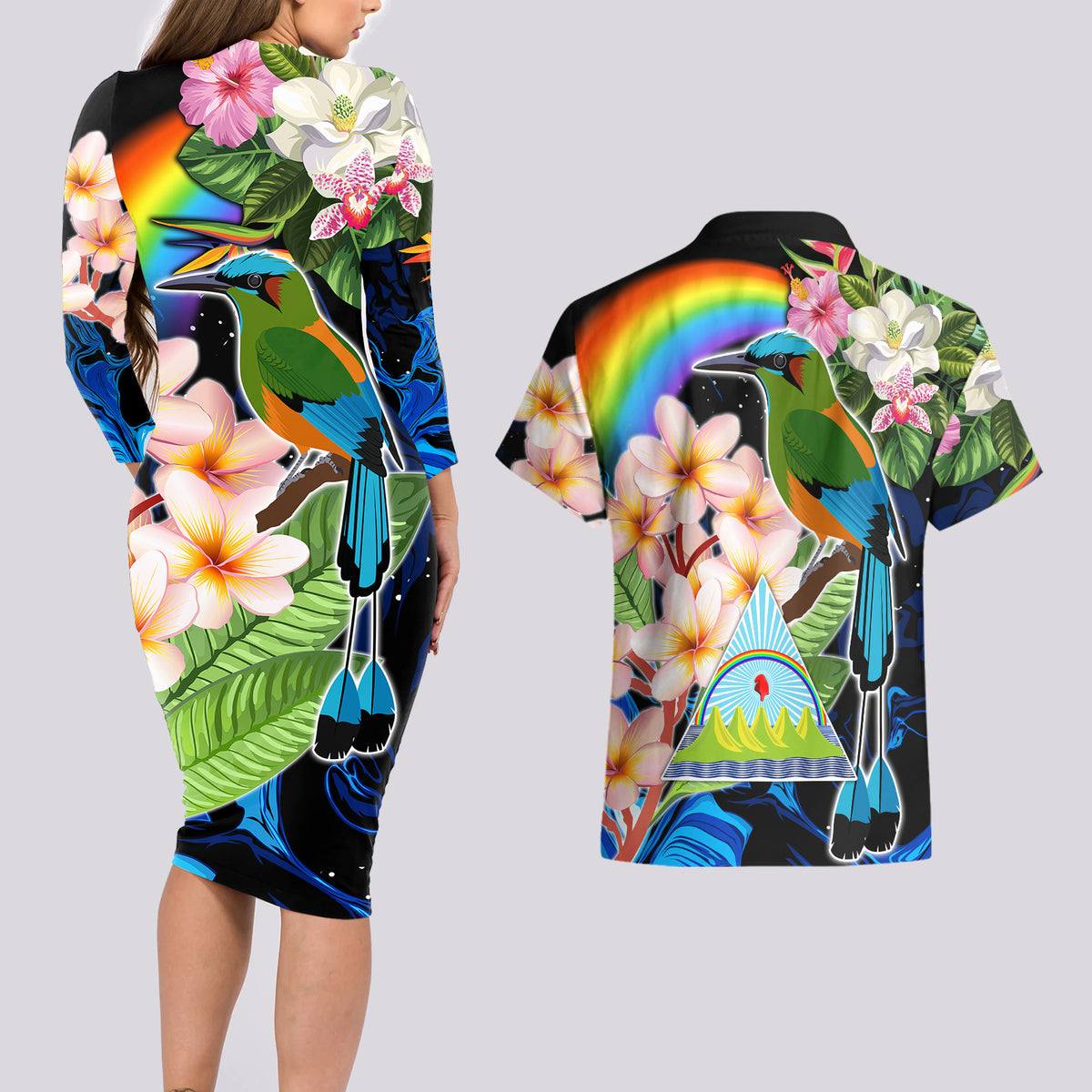 Personalised Nicaragua Couples Matching Long Sleeve Bodycon Dress and Hawaiian Shirt Guardabarranco and Beauty Sacuanjoche Sprit LT9 - Wonder Print Shop