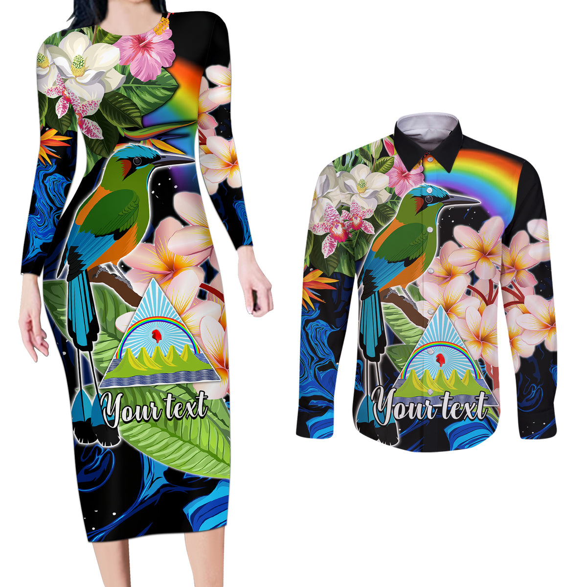 Personalised Nicaragua Couples Matching Long Sleeve Bodycon Dress and Long Sleeve Button Shirts Guardabarranco and Beauty Sacuanjoche Sprit LT9 - Wonder Print Shop