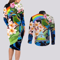 Personalised Nicaragua Couples Matching Long Sleeve Bodycon Dress and Long Sleeve Button Shirts Guardabarranco and Beauty Sacuanjoche Sprit LT9 - Wonder Print Shop