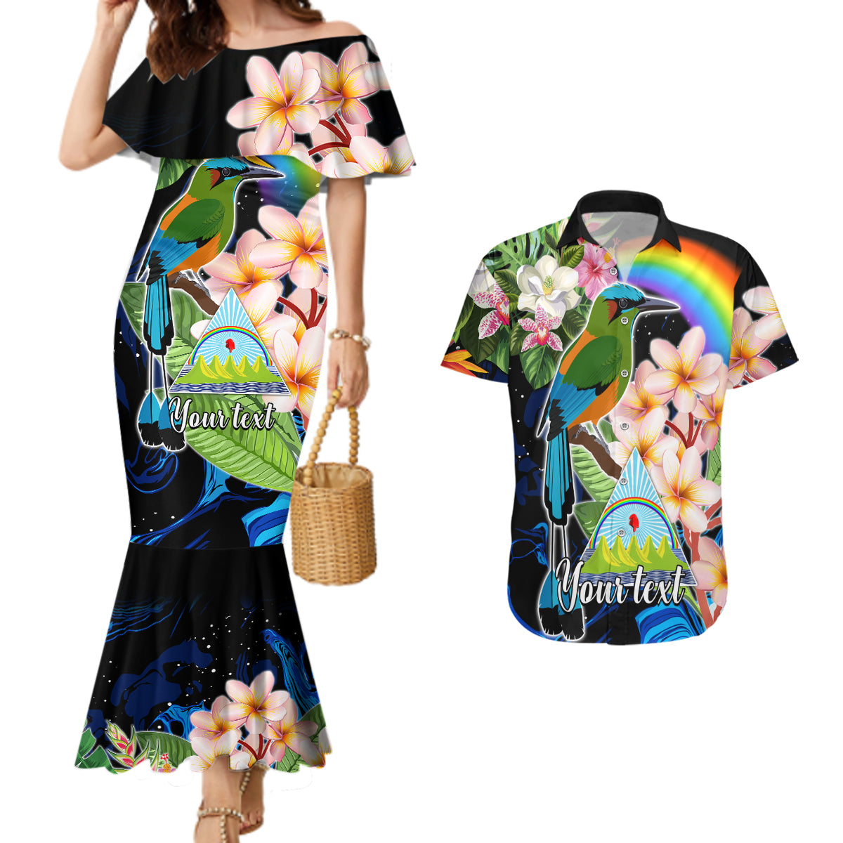 Personalised Nicaragua Couples Matching Mermaid Dress and Hawaiian Shirt Guardabarranco and Beauty Sacuanjoche Sprit LT9 - Wonder Print Shop