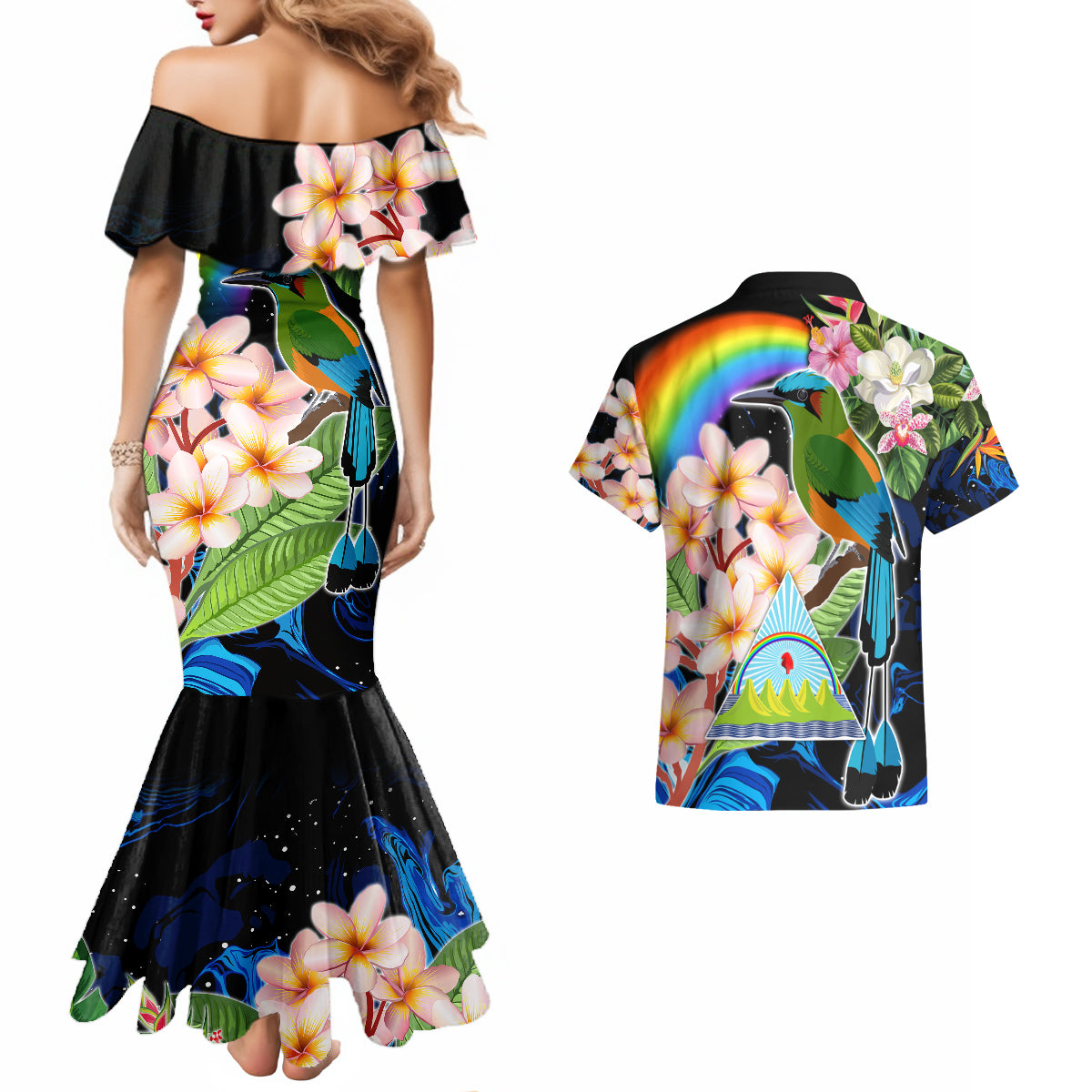 Personalised Nicaragua Couples Matching Mermaid Dress and Hawaiian Shirt Guardabarranco and Beauty Sacuanjoche Sprit LT9 - Wonder Print Shop
