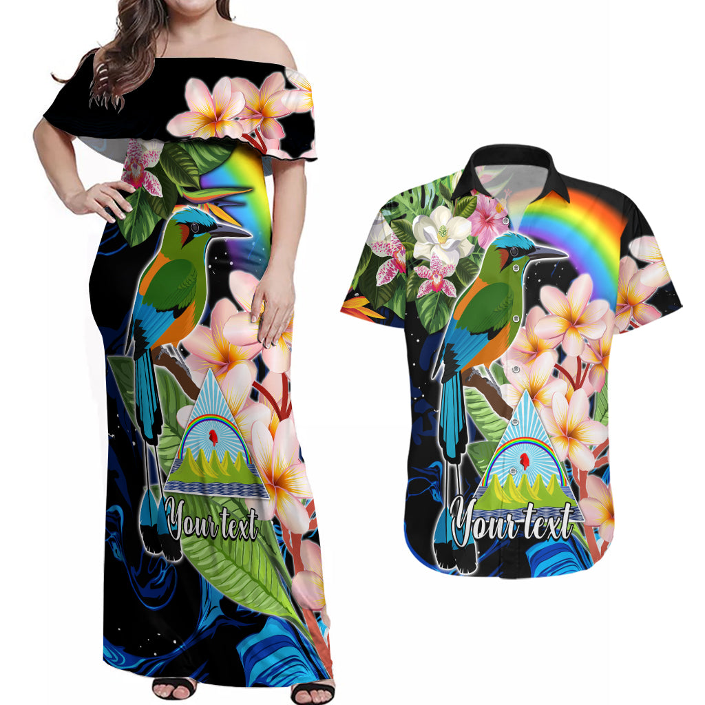 Personalised Nicaragua Couples Matching Off Shoulder Maxi Dress and Hawaiian Shirt Guardabarranco and Beauty Sacuanjoche Sprit LT9 - Wonder Print Shop