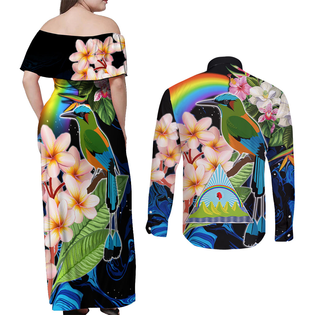 Personalised Nicaragua Couples Matching Off Shoulder Maxi Dress and Long Sleeve Button Shirts Guardabarranco and Beauty Sacuanjoche Sprit LT9 - Wonder Print Shop
