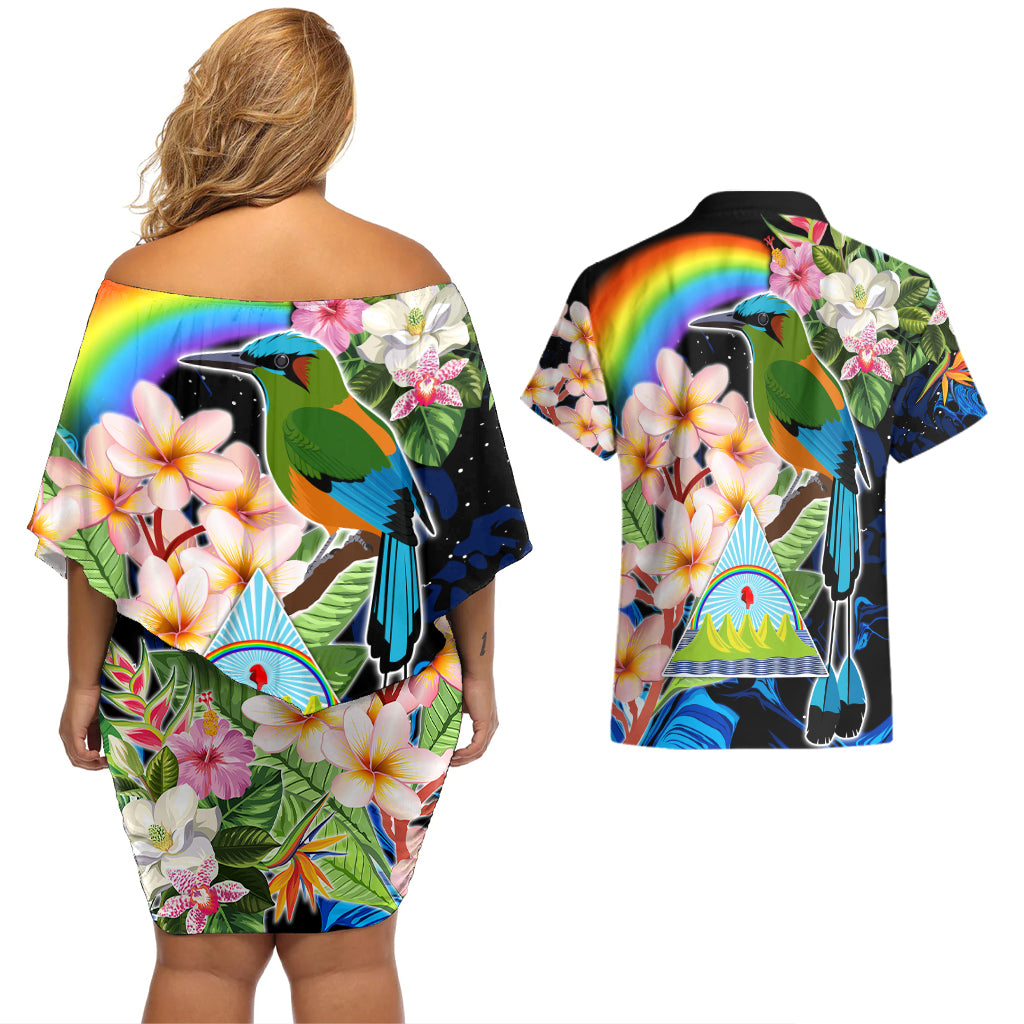 Personalised Nicaragua Couples Matching Off Shoulder Short Dress and Hawaiian Shirt Guardabarranco and Beauty Sacuanjoche Sprit LT9 - Wonder Print Shop