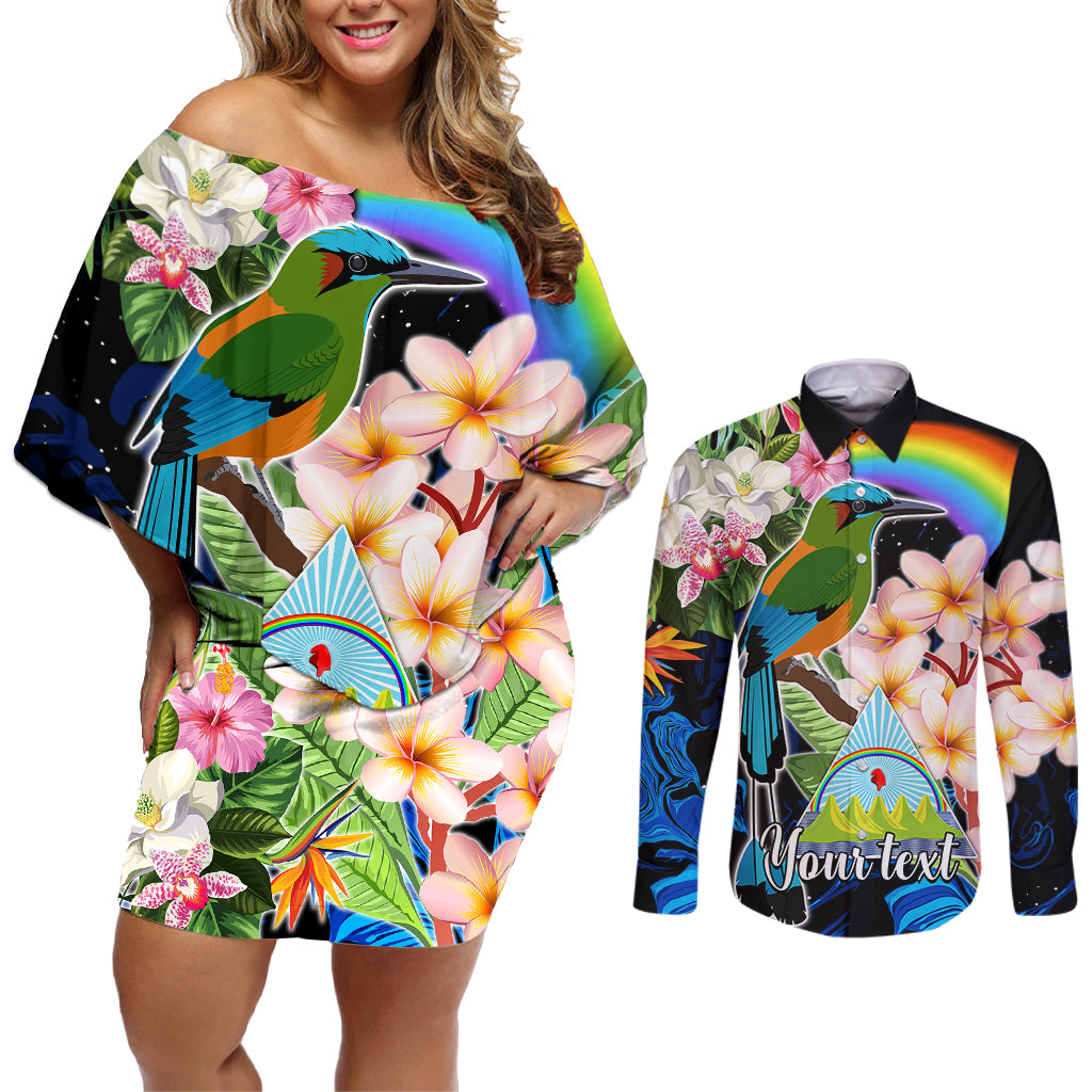 Personalised Nicaragua Couples Matching Off Shoulder Short Dress and Long Sleeve Button Shirts Guardabarranco and Beauty Sacuanjoche Sprit LT9 - Wonder Print Shop