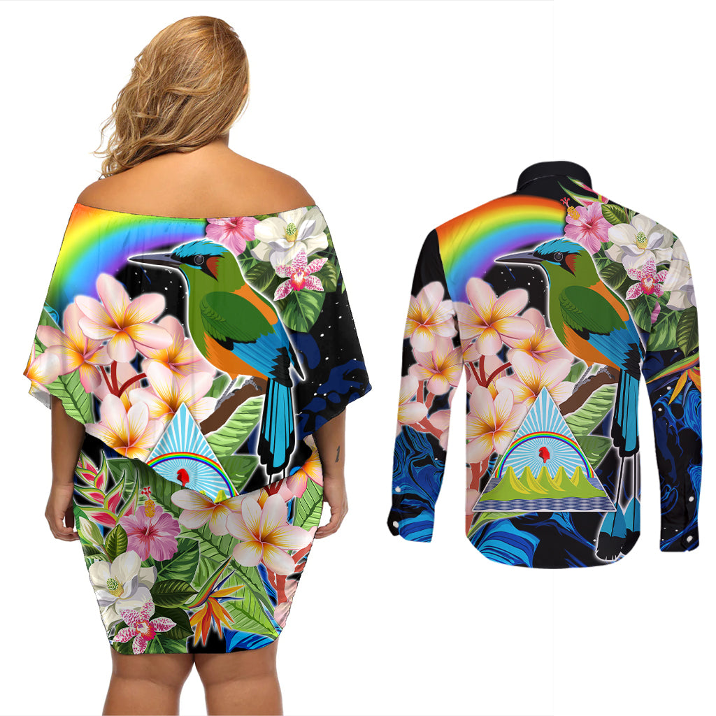Personalised Nicaragua Couples Matching Off Shoulder Short Dress and Long Sleeve Button Shirts Guardabarranco and Beauty Sacuanjoche Sprit LT9 - Wonder Print Shop