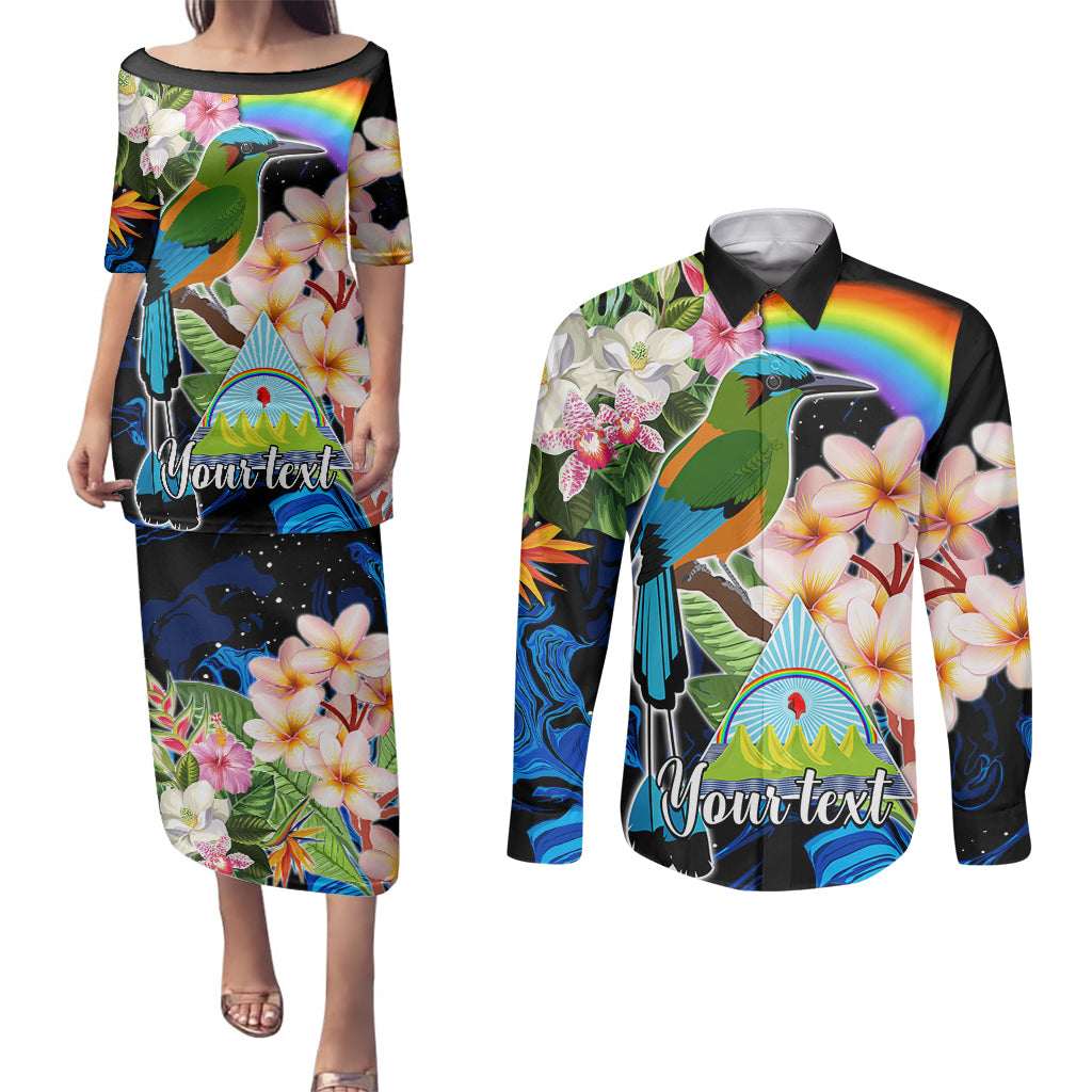 Personalised Nicaragua Couples Matching Puletasi Dress and Long Sleeve Button Shirts Guardabarranco and Beauty Sacuanjoche Sprit LT9 - Wonder Print Shop