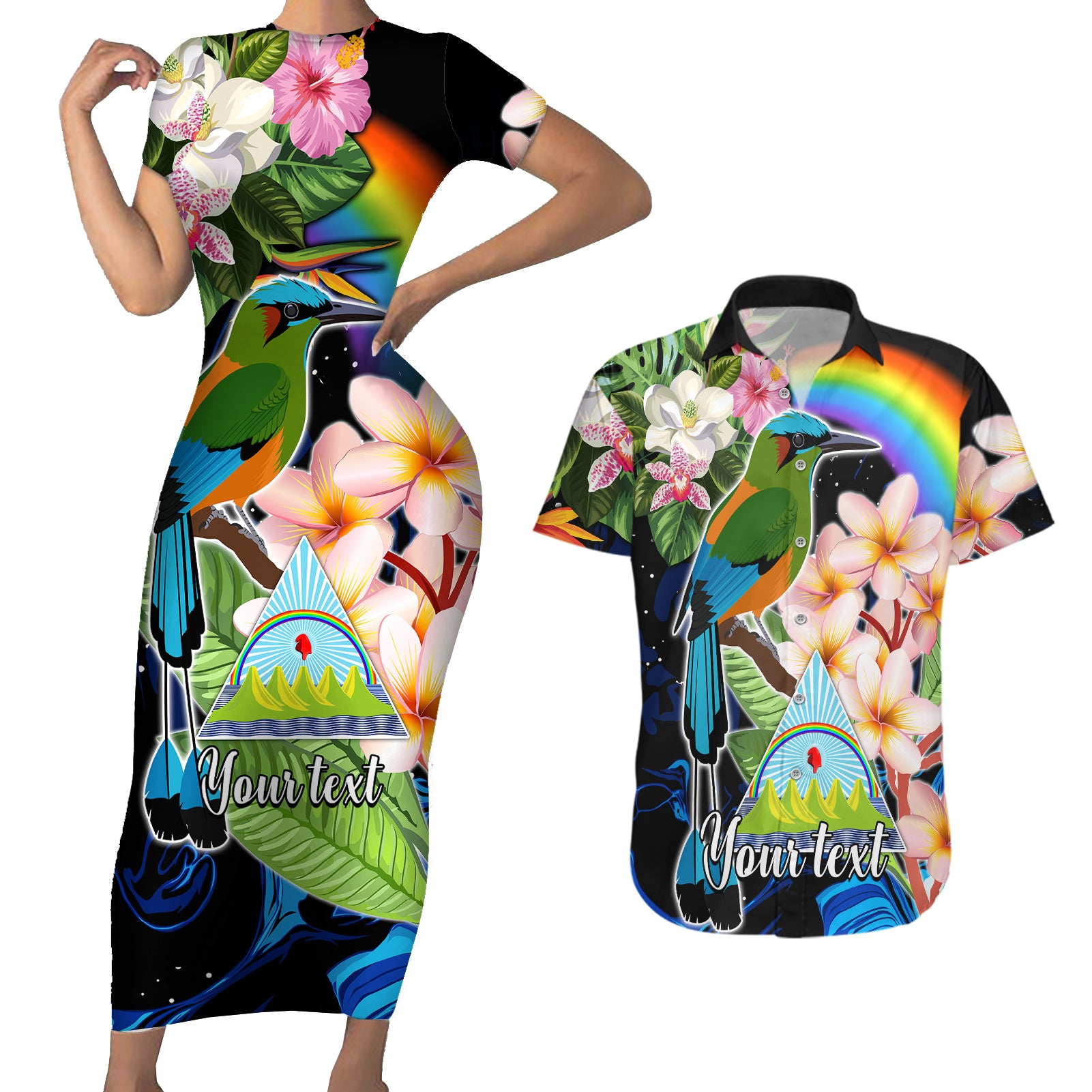 Personalised Nicaragua Couples Matching Short Sleeve Bodycon Dress and Hawaiian Shirt Guardabarranco and Beauty Sacuanjoche Sprit LT9 - Wonder Print Shop