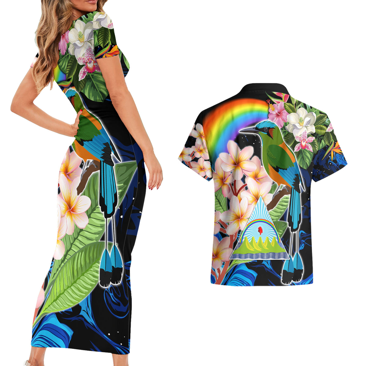 Personalised Nicaragua Couples Matching Short Sleeve Bodycon Dress and Hawaiian Shirt Guardabarranco and Beauty Sacuanjoche Sprit LT9 - Wonder Print Shop