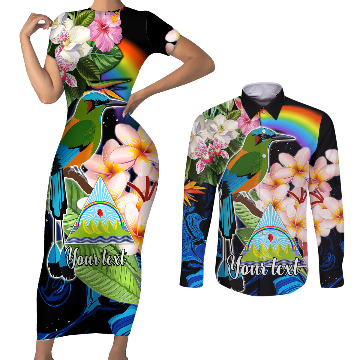 Personalised Nicaragua Couples Matching Short Sleeve Bodycon Dress and Long Sleeve Button Shirts Guardabarranco and Beauty Sacuanjoche Sprit LT9 - Wonder Print Shop