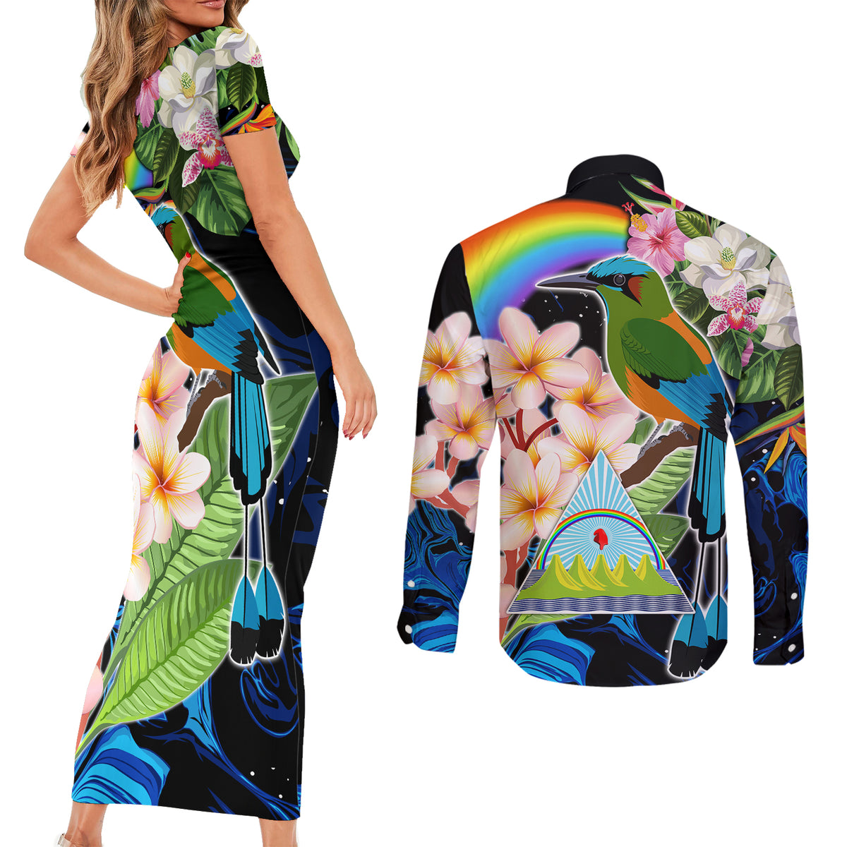 Personalised Nicaragua Couples Matching Short Sleeve Bodycon Dress and Long Sleeve Button Shirts Guardabarranco and Beauty Sacuanjoche Sprit LT9 - Wonder Print Shop
