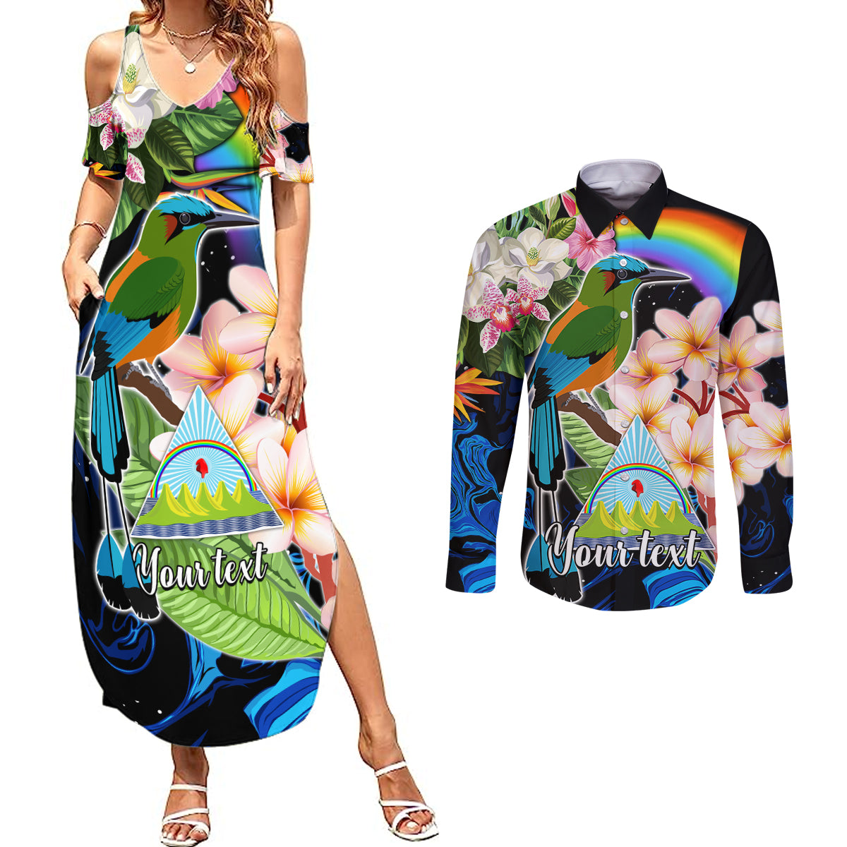 Personalised Nicaragua Couples Matching Summer Maxi Dress and Long Sleeve Button Shirts Guardabarranco and Beauty Sacuanjoche Sprit LT9 - Wonder Print Shop