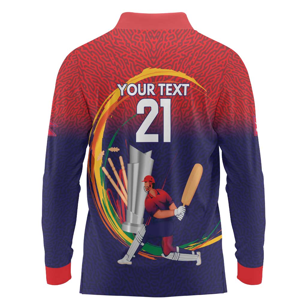 Custom Cricket Nepal East Asia-Pacific Long Sleeve Polo Shirt Nepal Cricket Crown Quest - Wonder Print Shop