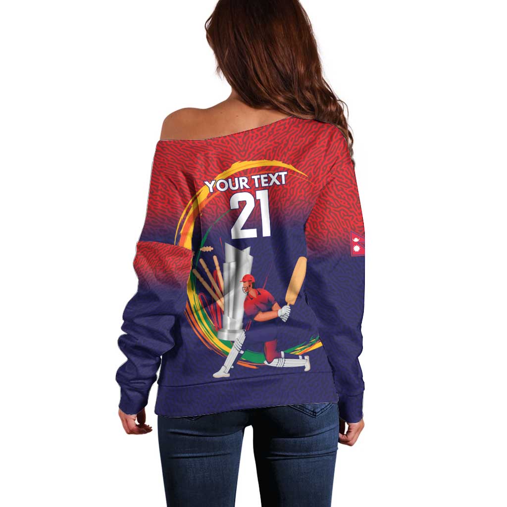 Custom Cricket Nepal East Asia-Pacific Off Shoulder Sweater Nepal Cricket Crown Quest - Wonder Print Shop
