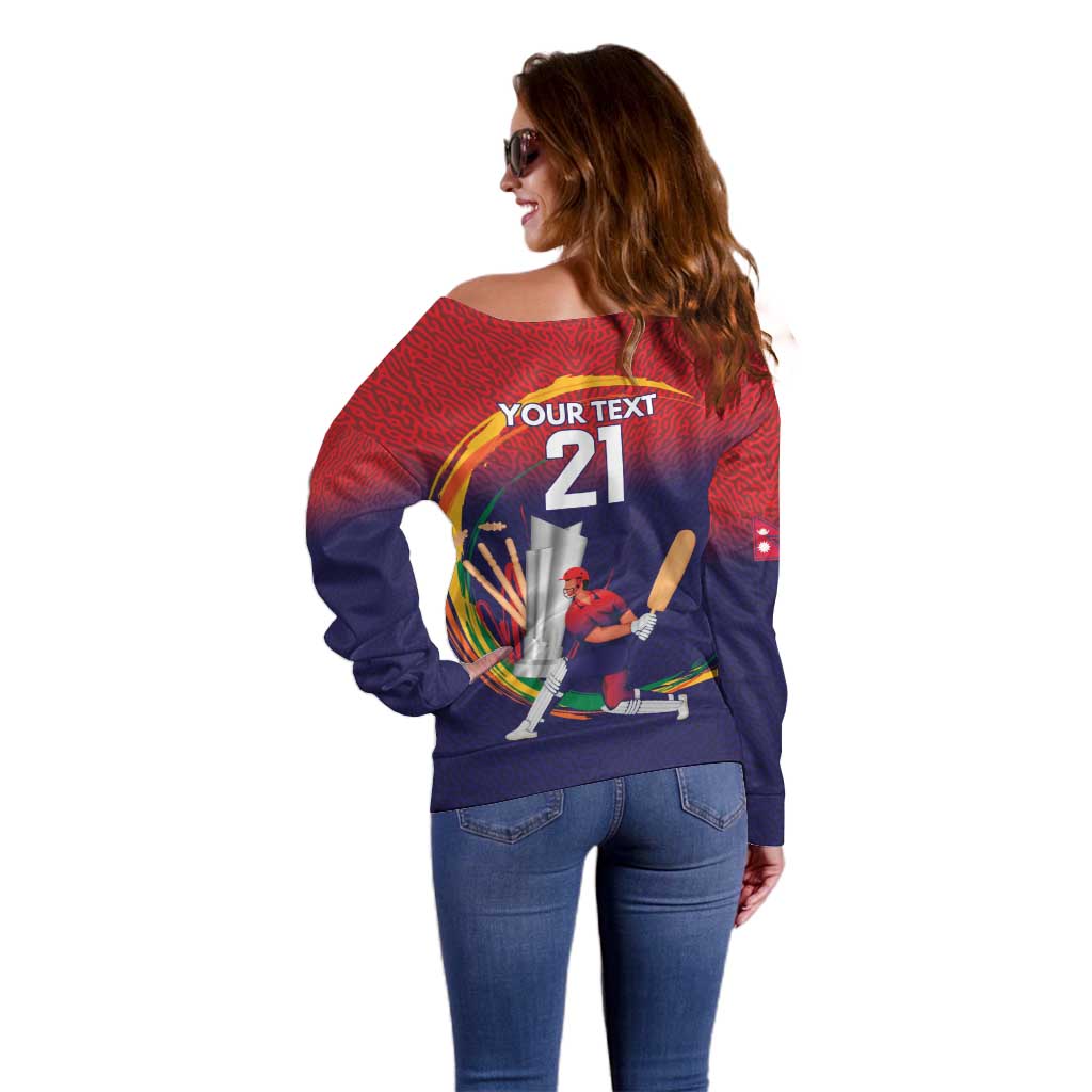 Custom Cricket Nepal East Asia-Pacific Off Shoulder Sweater Nepal Cricket Crown Quest - Wonder Print Shop