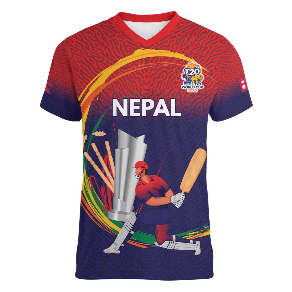 Custom Cricket Nepal East Asia-Pacific Women V-Neck T-Shirt Nepal Cricket Crown Quest - Wonder Print Shop