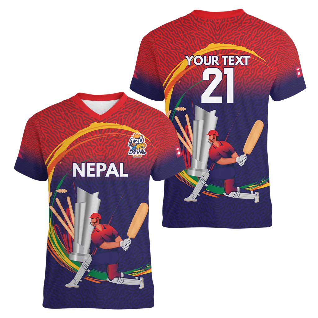 Custom Cricket Nepal East Asia-Pacific Women V-Neck T-Shirt Nepal Cricket Crown Quest - Wonder Print Shop