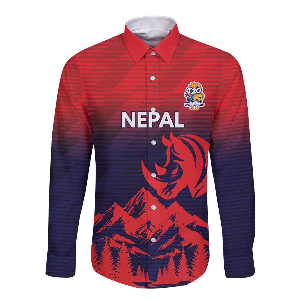 Custom Cricket Nepal East Asia-Pacific Long Sleeve Button Shirt Nepal Rhinos Twenty20 - Wonder Print Shop