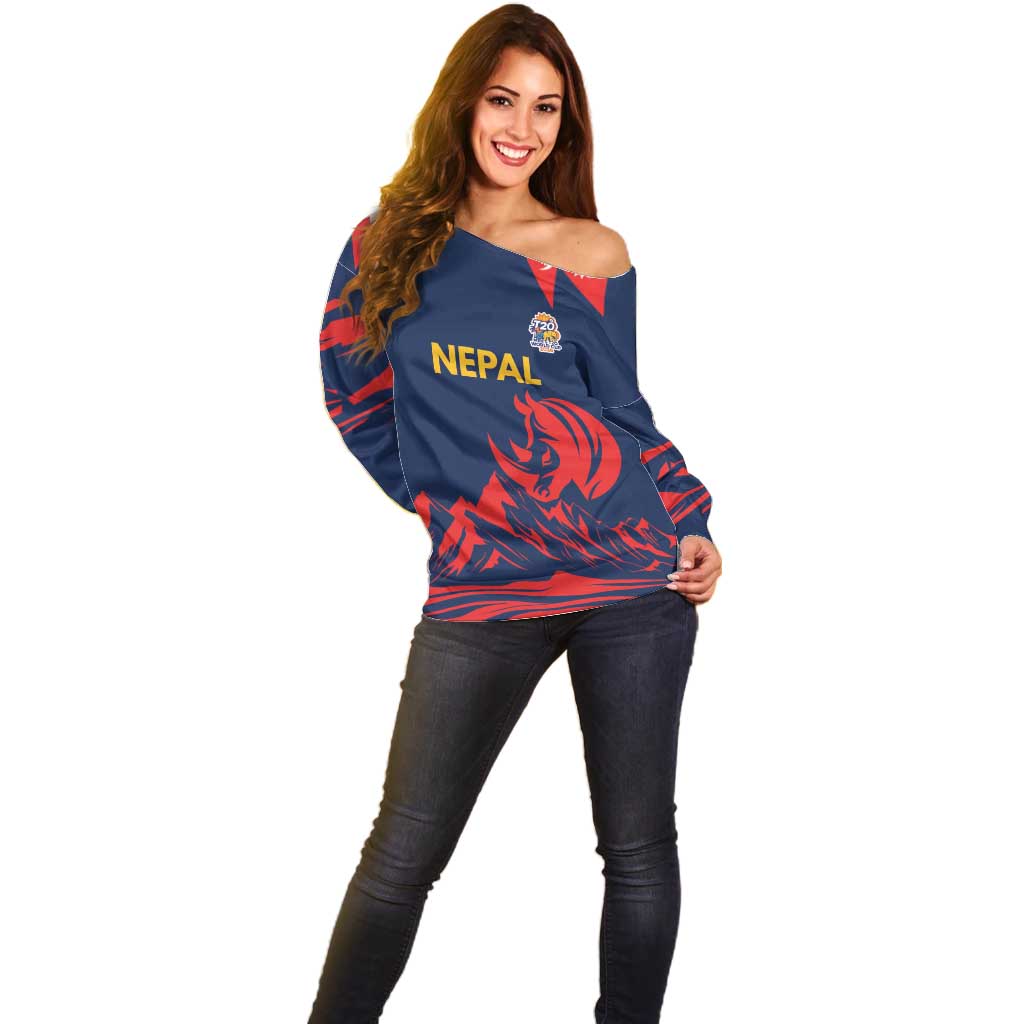 Custom Cricket Nepal East Asia-Pacific Off Shoulder Sweater Nepal Rhinos Champions - Wonder Print Shop
