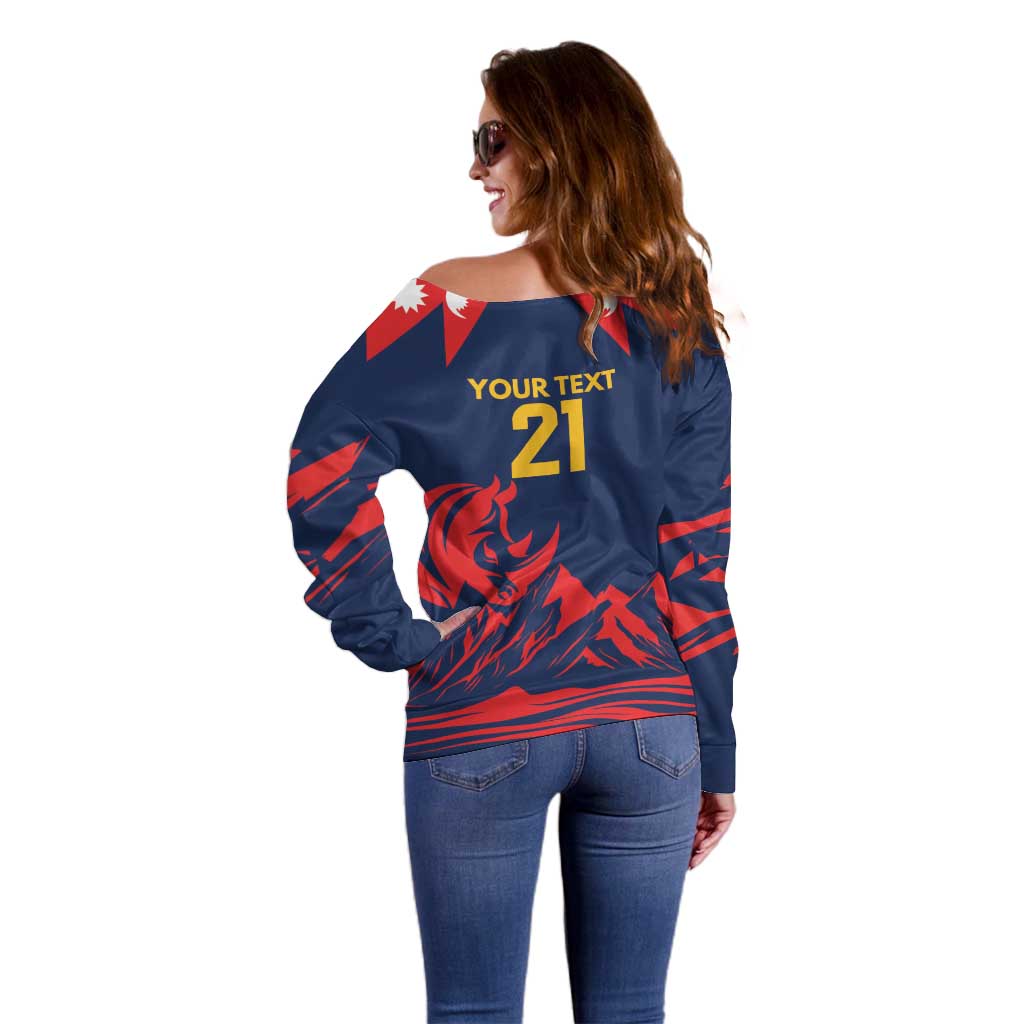 Custom Cricket Nepal East Asia-Pacific Off Shoulder Sweater Nepal Rhinos Champions - Wonder Print Shop