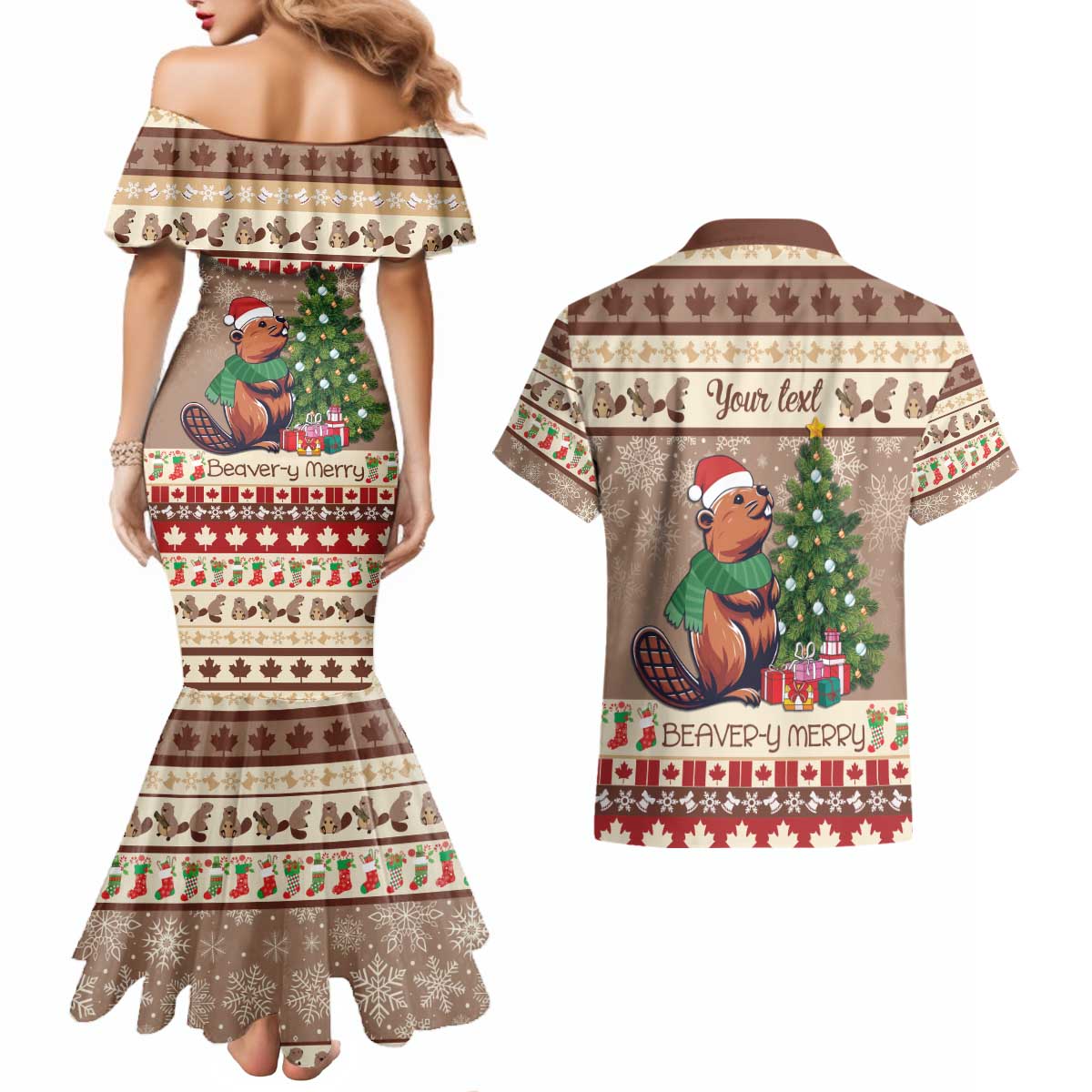 Personalized Beaver-y Merry Couples Matching Mermaid Dress and Hawaiian Shirt Canada Merry Christmas Beavers LT9 - Wonder Print Shop