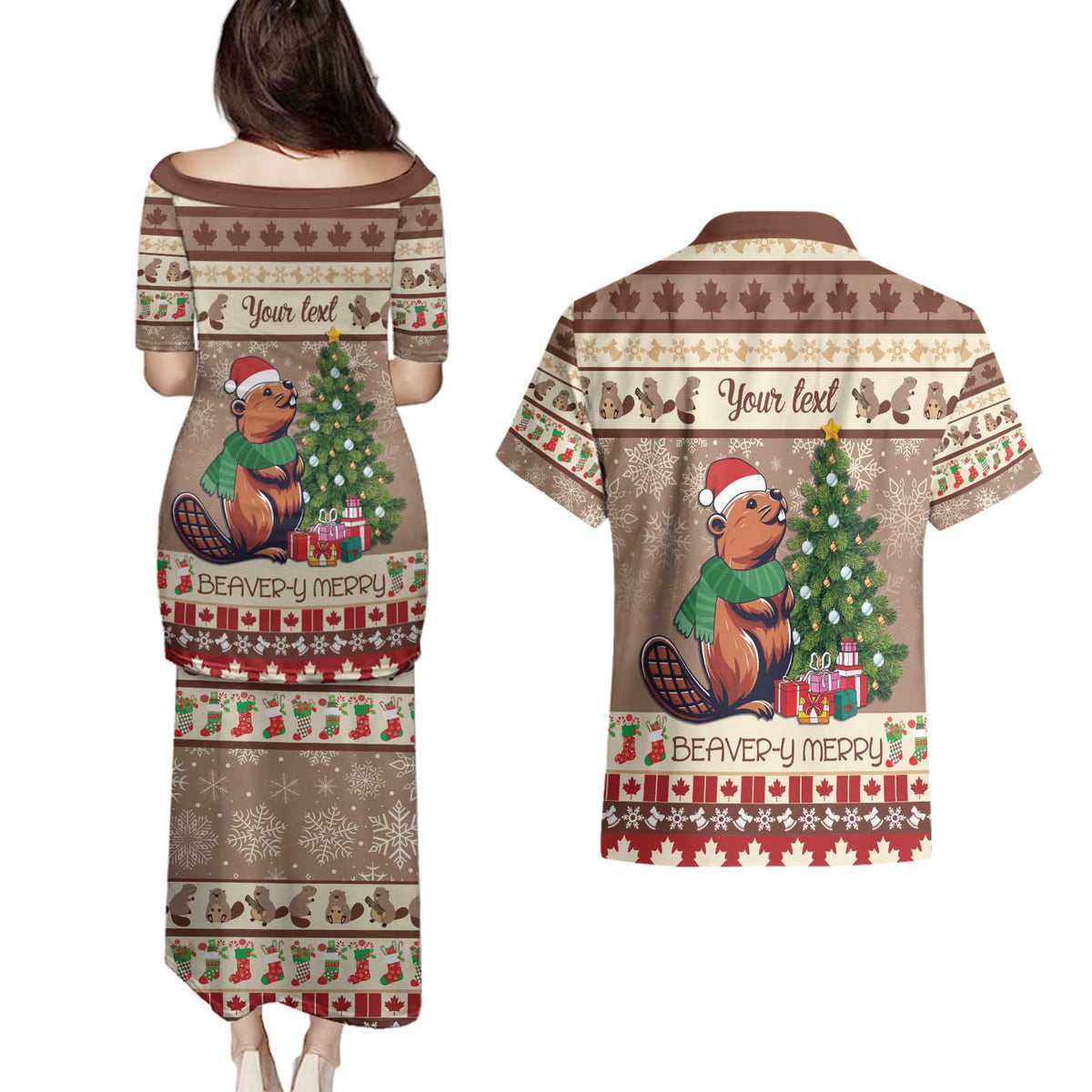 Personalized Beaver-y Merry Couples Matching Puletasi and Hawaiian Shirt Canada Merry Christmas Beavers LT9 - Wonder Print Shop