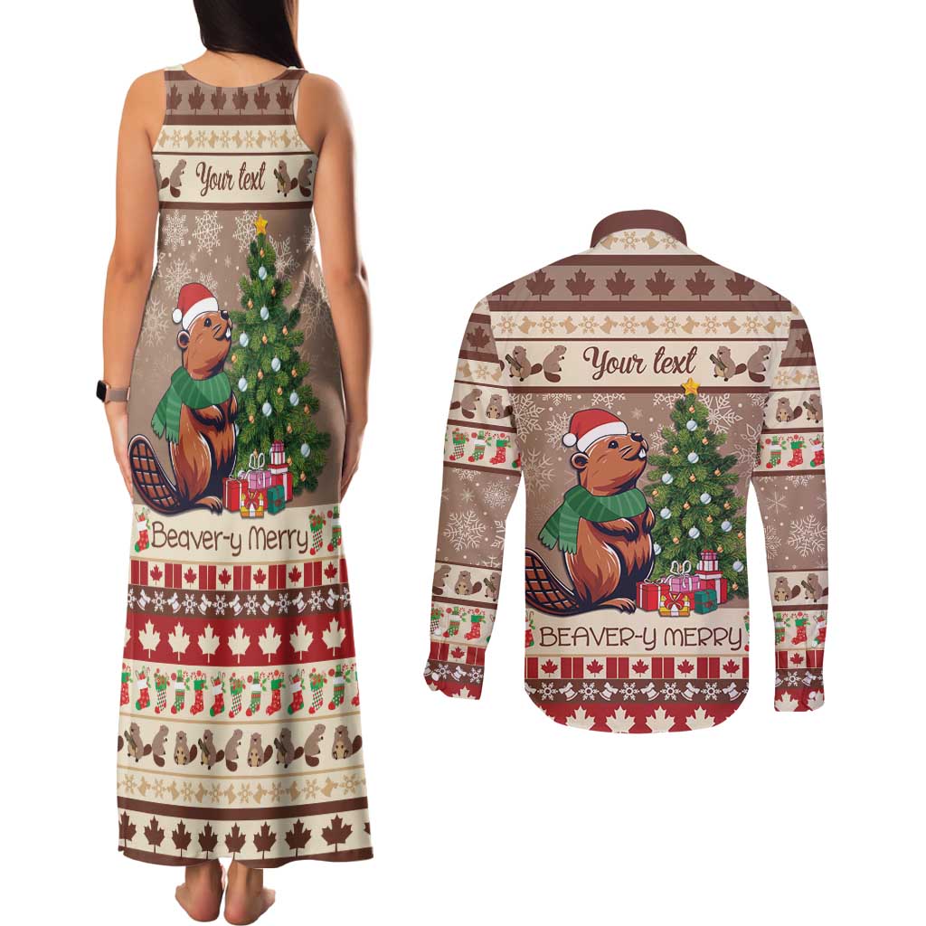 Personalized Beaver-y Merry Couples Matching Tank Maxi Dress and Long Sleeve Button Shirt Canada Merry Christmas Beavers LT9 - Wonder Print Shop