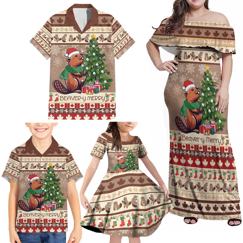 Personalized Beaver-y Merry Family Matching Off Shoulder Maxi Dress and Hawaiian Shirt Canada Merry Christmas Beavers LT9 - Wonder Print Shop