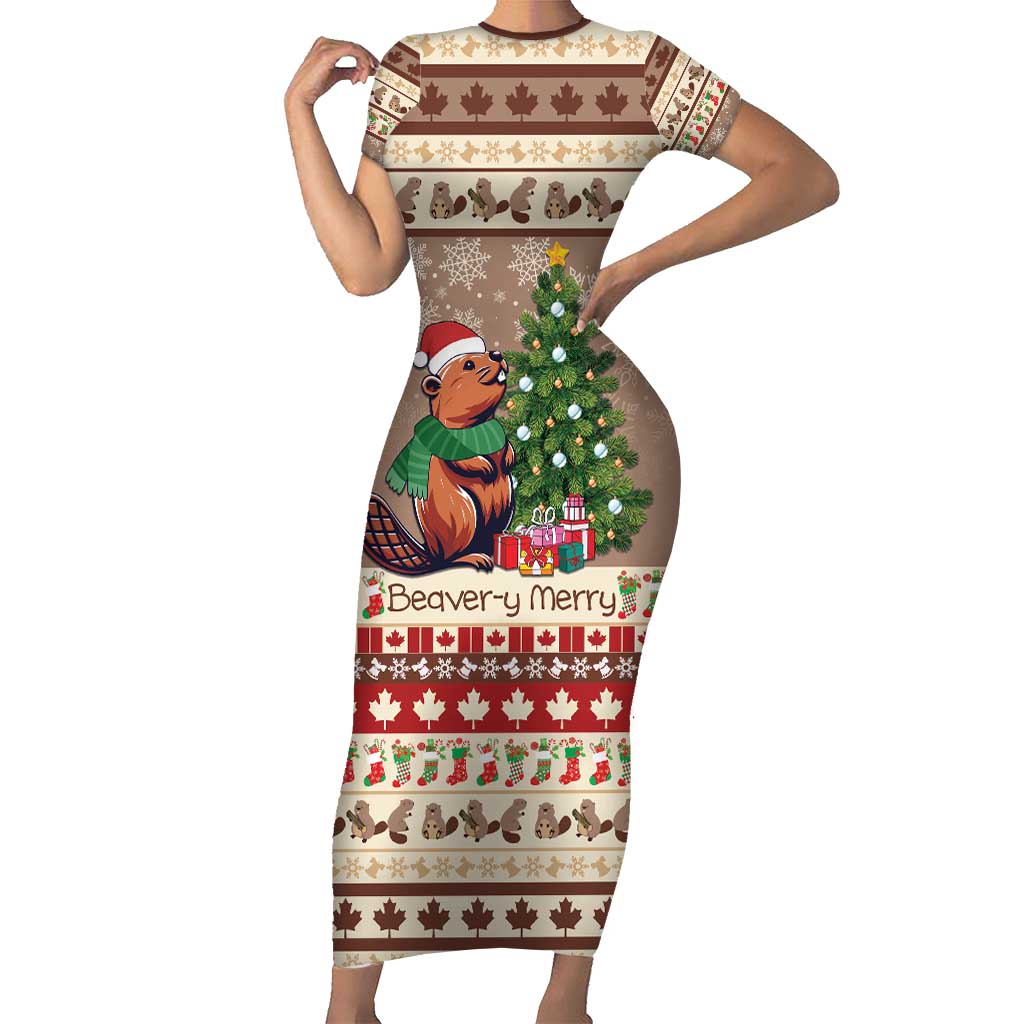Personalized Beaver-y Merry Family Matching Short Sleeve Bodycon Dress and Hawaiian Shirt Canada Merry Christmas Beavers - Wonder Print Shop