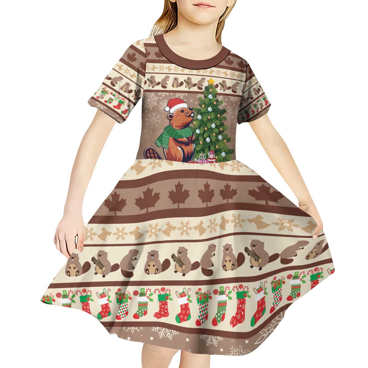 Personalized Beaver-y Merry Kid Short Sleeve Dress Canada Merry Christmas Beavers - Wonder Print Shop
