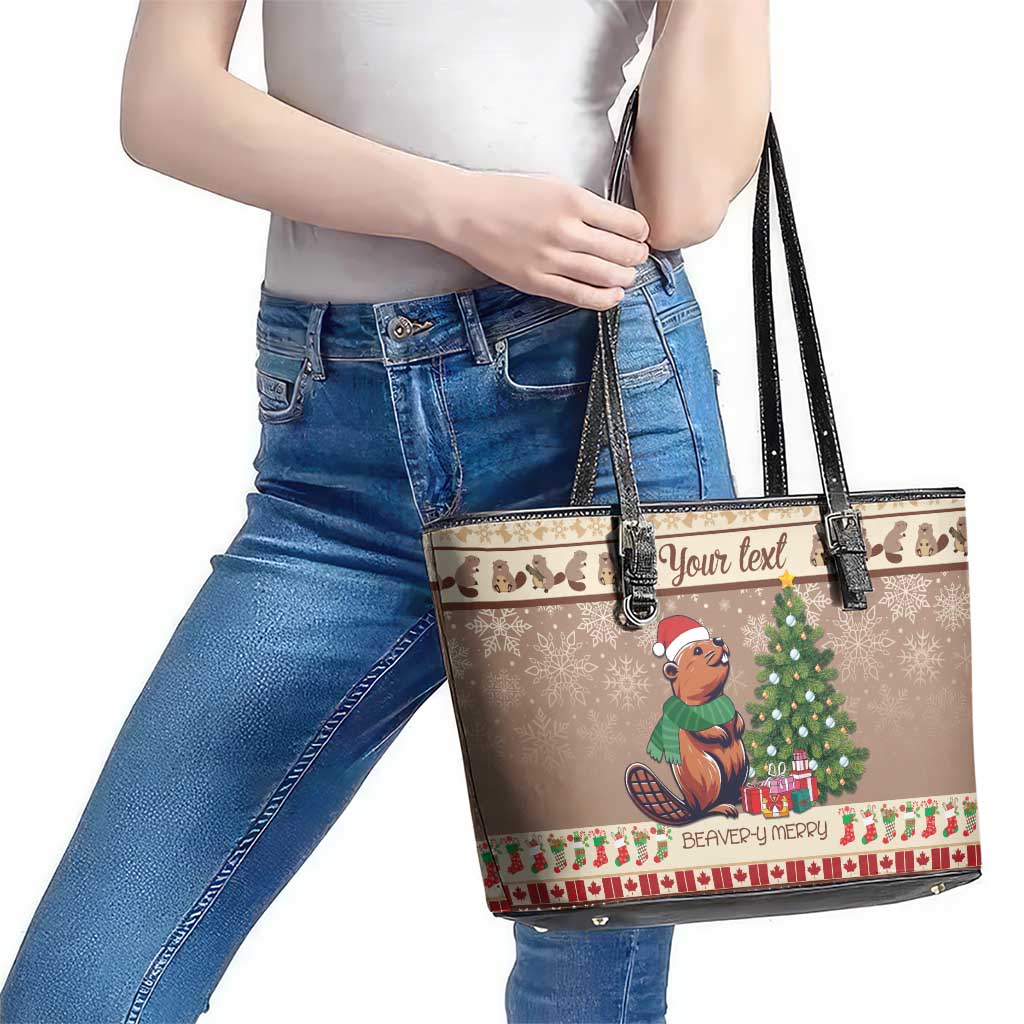 Personalized Beaver-y Merry Leather Tote Bag Canada Merry Christmas Beavers - Wonder Print Shop