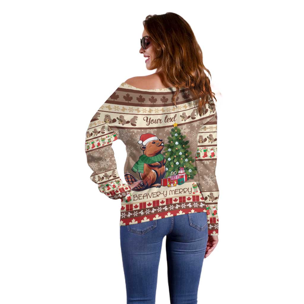 Personalized Beaver-y Merry Off Shoulder Sweater Canada Merry Christmas Beavers - Wonder Print Shop