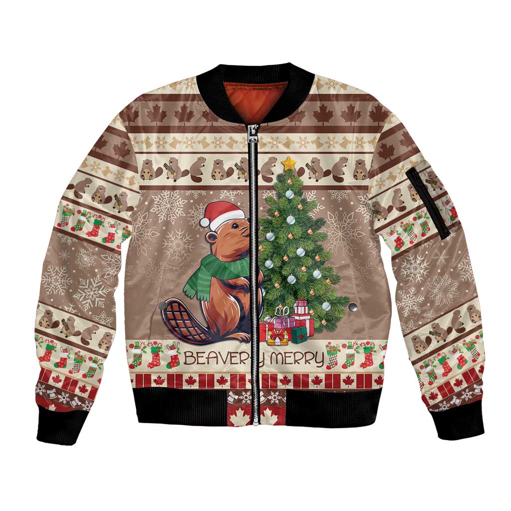 Personalized Beaver-y Merry Sleeve Zip Bomber Jacket Canada Merry Christmas Beavers - Wonder Print Shop