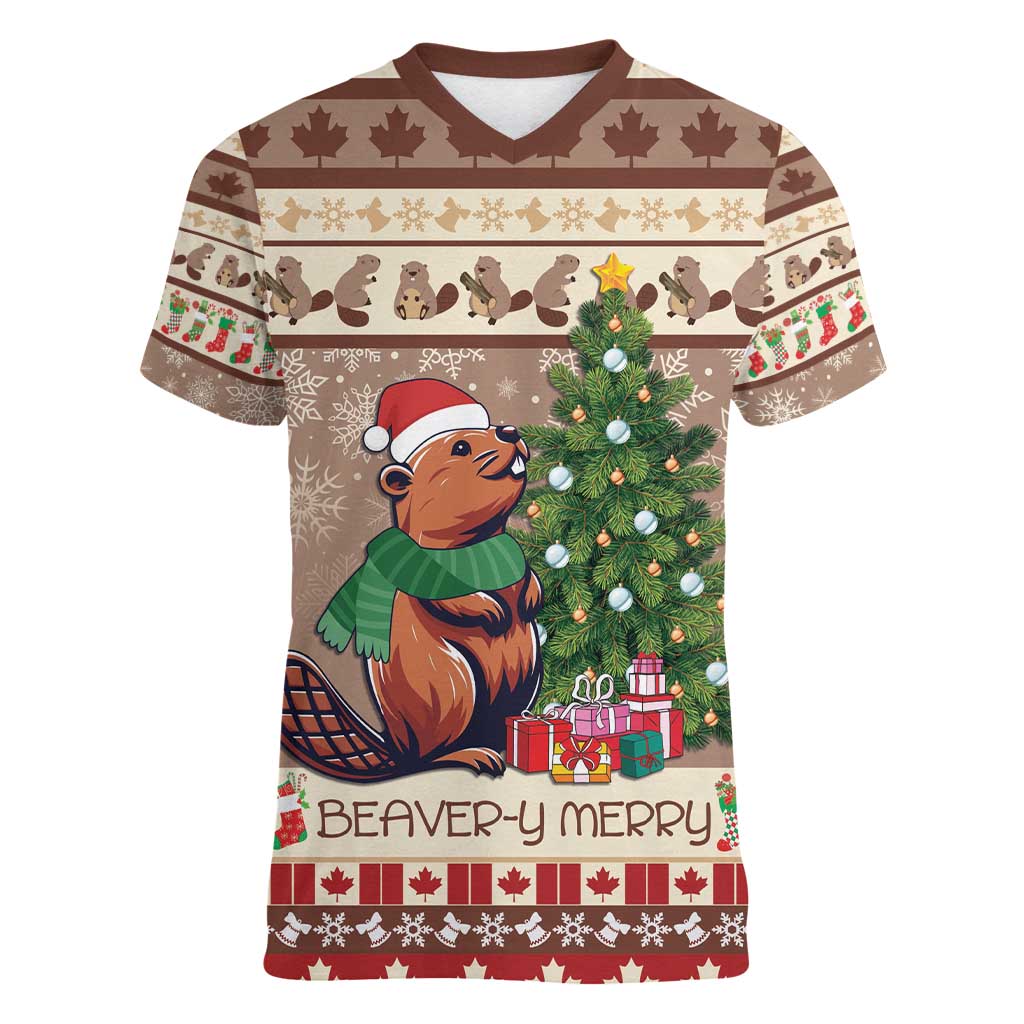 Personalized Beaver-y Merry Women V-Neck T-Shirt Canada Merry Christmas Beavers - Wonder Print Shop