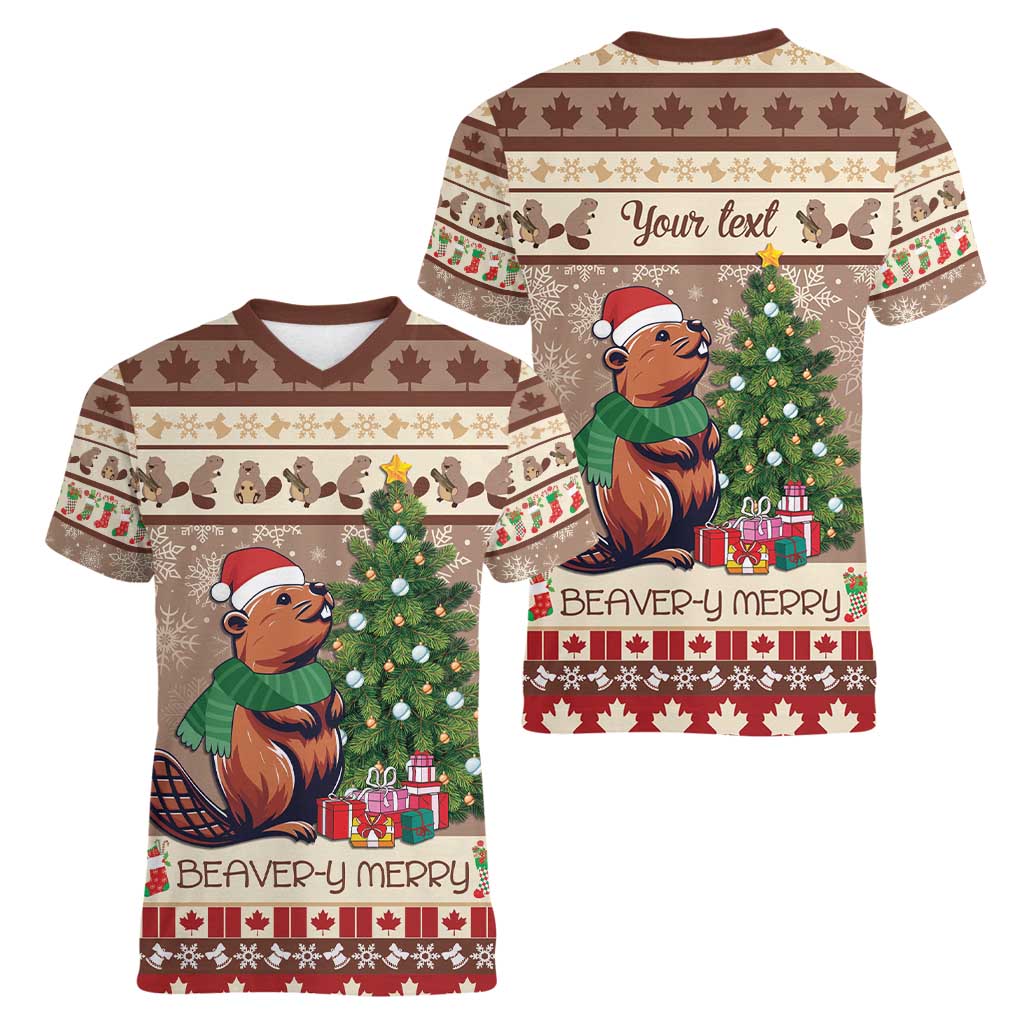 Personalized Beaver-y Merry Women V-Neck T-Shirt Canada Merry Christmas Beavers - Wonder Print Shop