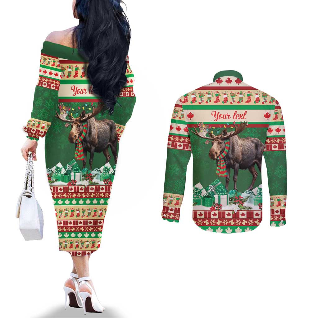 Personalized Merry Christmoose Couples Matching Off The Shoulder Long Sleeve Dress and Long Sleeve Button Shirt Canada Merry Christmas Moose