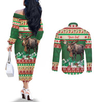 Personalized Merry Christmoose Couples Matching Off The Shoulder Long Sleeve Dress and Long Sleeve Button Shirt Canada Merry Christmas Moose