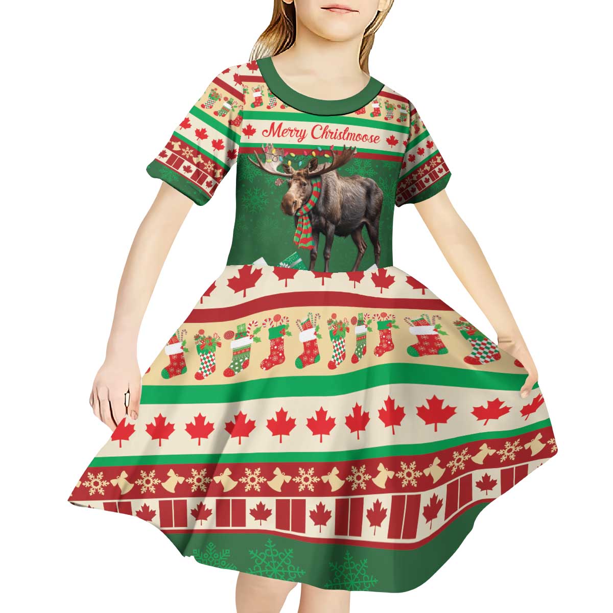 Personalized Merry Christmoose Kid Short Sleeve Dress Canada Merry Christmas Moose - Wonder Print Shop