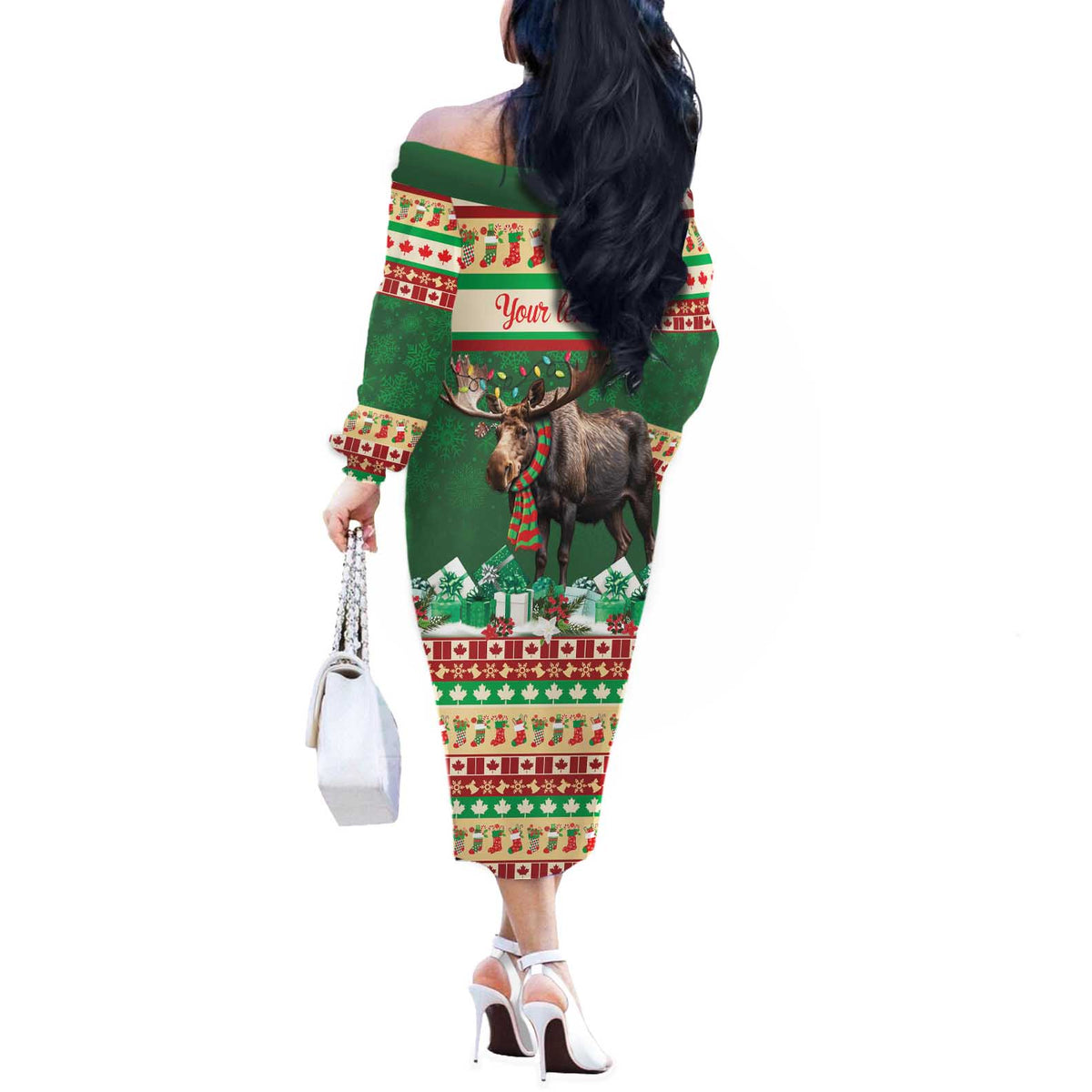 Personalized Merry Christmoose Off The Shoulder Long Sleeve Dress Canada Merry Christmas Moose - Wonder Print Shop