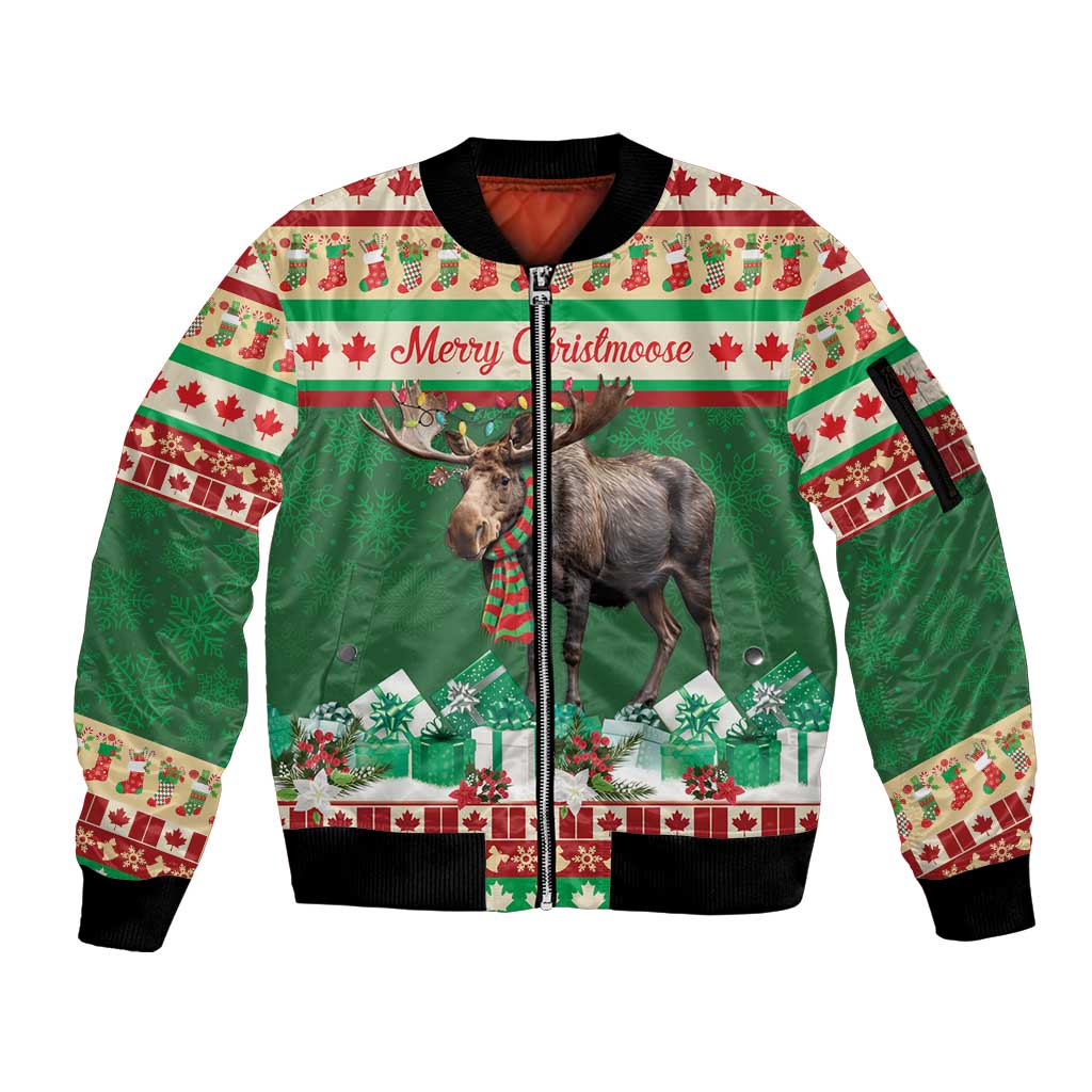 Personalized Merry Christmoose Sleeve Zip Bomber Jacket Canada Merry Christmas Moose - Wonder Print Shop