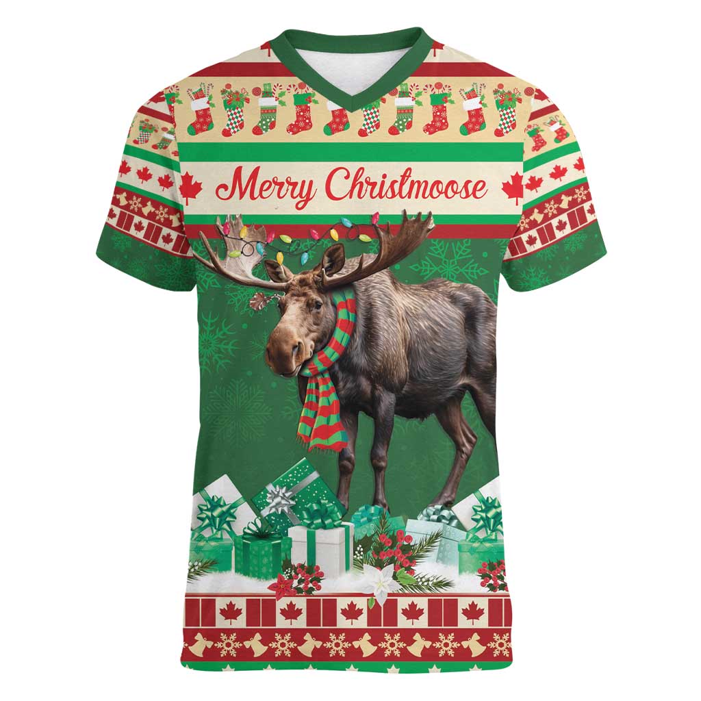 Personalized Merry Christmoose Women V-Neck T-Shirt Canada Merry Christmas Moose - Wonder Print Shop