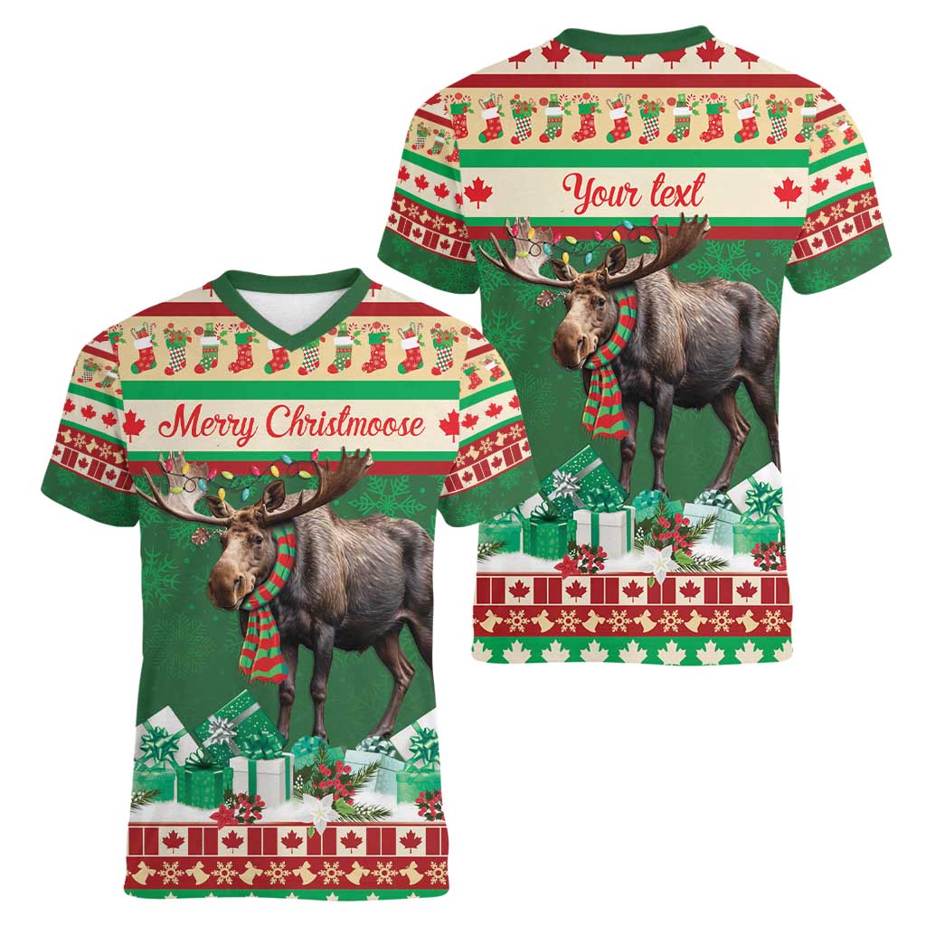 Personalized Merry Christmoose Women V-Neck T-Shirt Canada Merry Christmas Moose - Wonder Print Shop