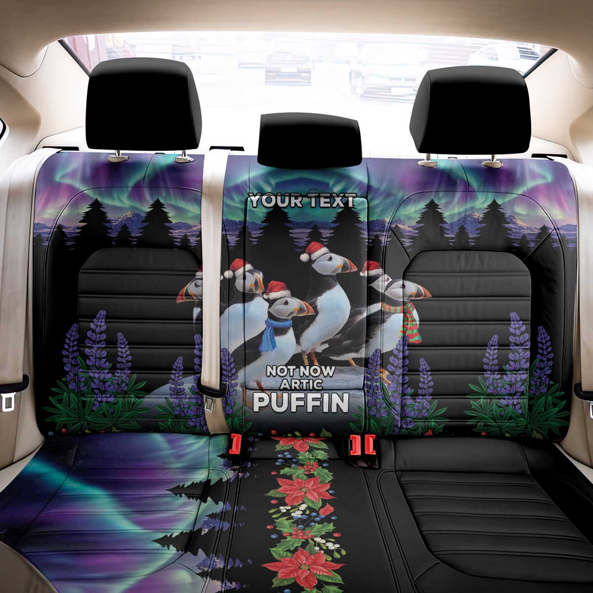 Personalized Not Now Arctic Puffin Back Car Seat Cover Icelandic Christmas with Northern Lights LT9 - Wonder Print Shop