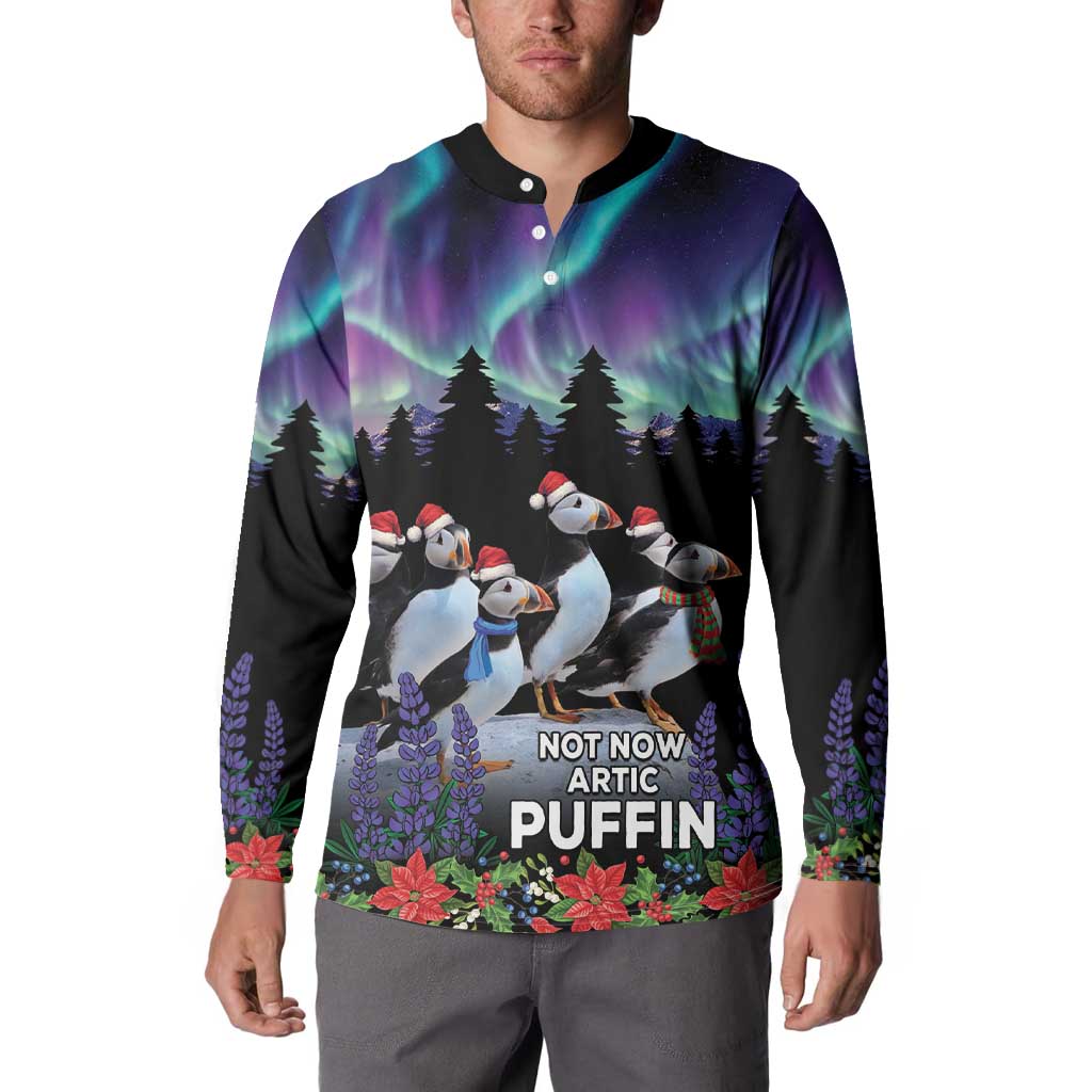 Personalized Not Now Arctic Puffin Button Sweatshirt Icelandic Christmas with Northern Lights LT9 - Wonder Print Shop