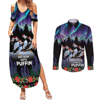Personalized Not Now Arctic Puffin Couples Matching Summer Maxi Dress and Long Sleeve Button Shirt Icelandic Christmas with Northern Lights LT9 - Wonder Print Shop