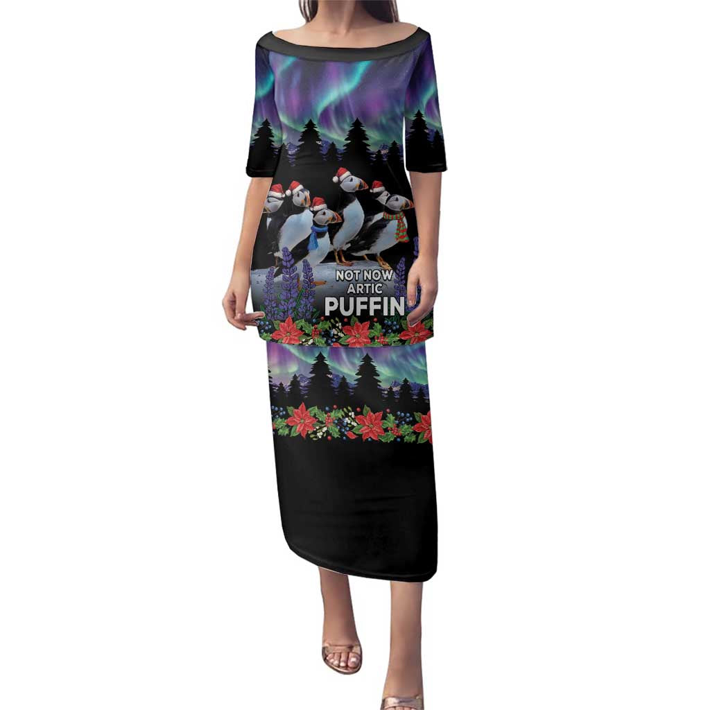 Personalized Not Now Arctic Puffin Family Matching Puletasi and Hawaiian Shirt Icelandic Christmas with Northern Lights - Wonder Print Shop